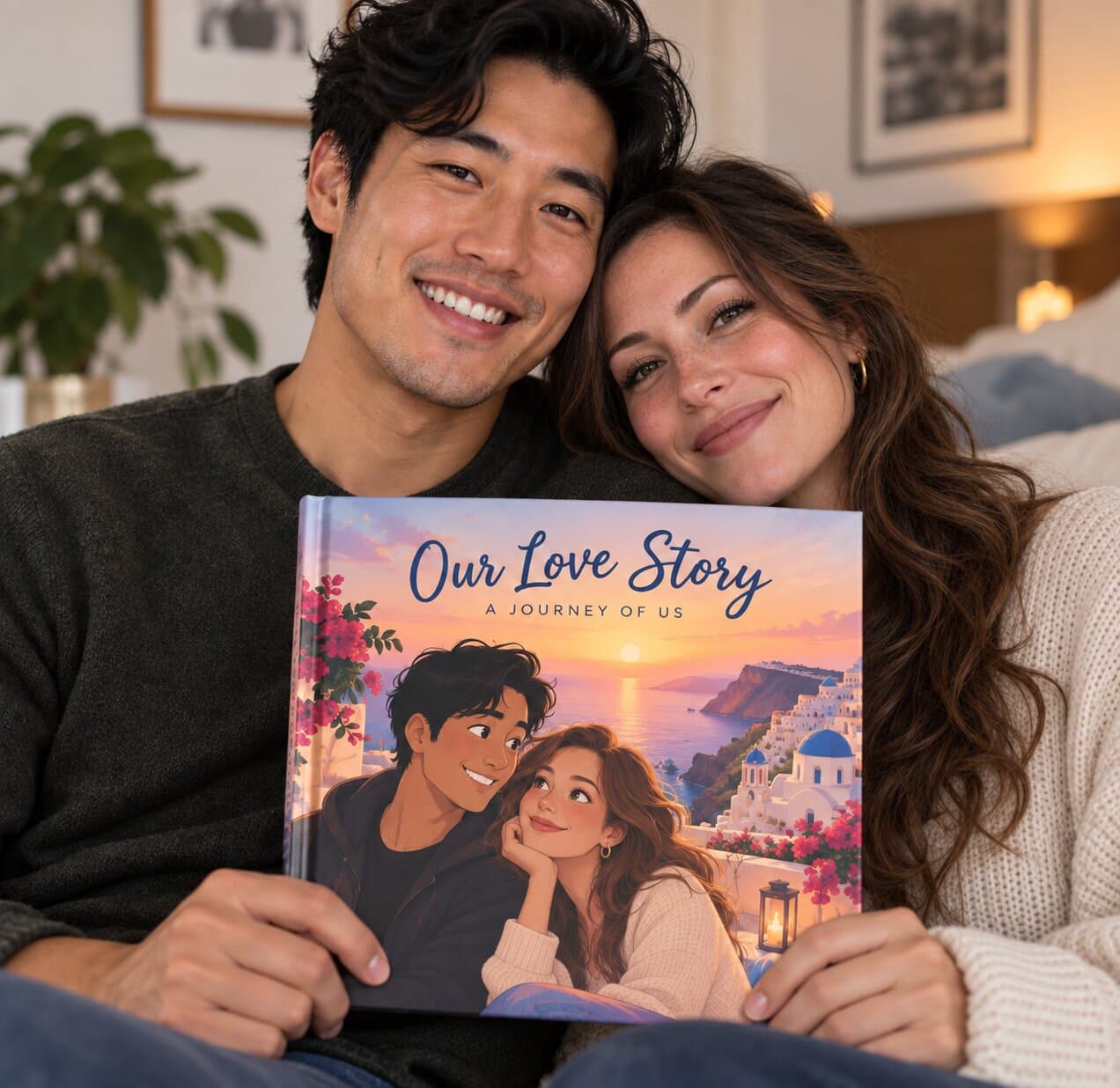 A couple holding their personalized Love Tales birthday book