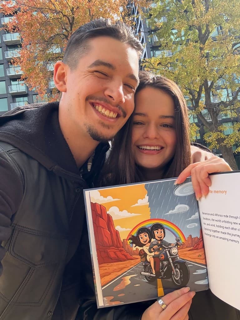 A couple holding their personalized book, Our Love Story, A Journey of Us