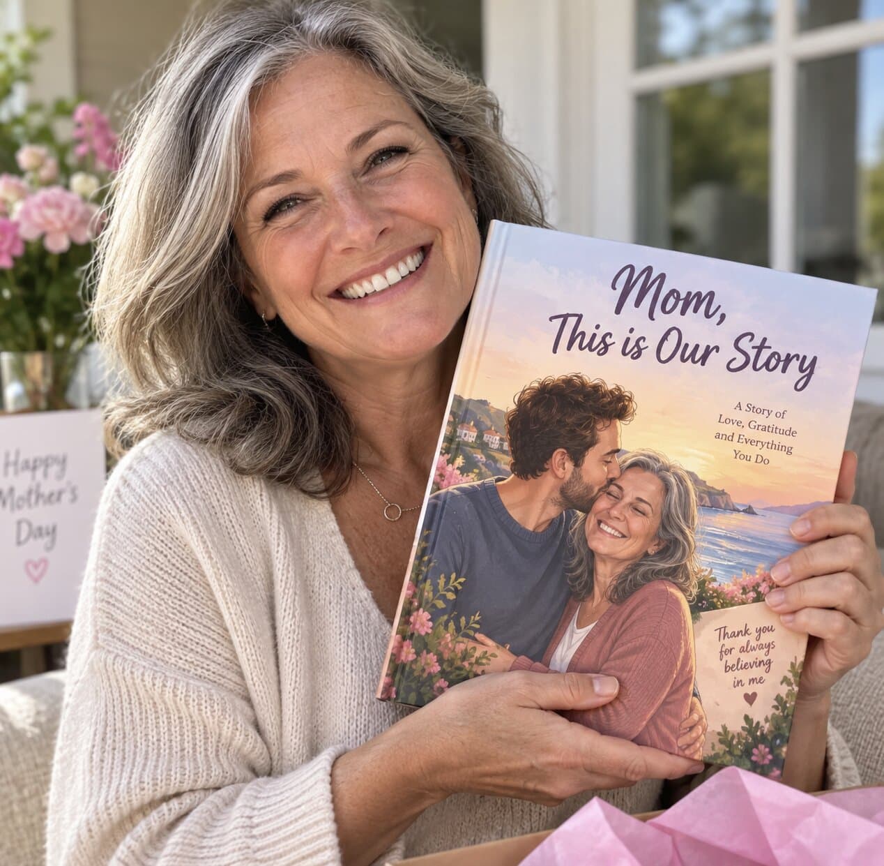 A smiling mother holding her personalized Love Tales book, Mom, This is Our Story