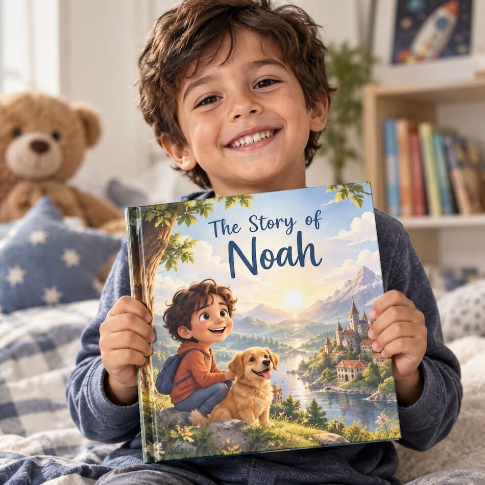 A child holding his personalized Love Tales kids book