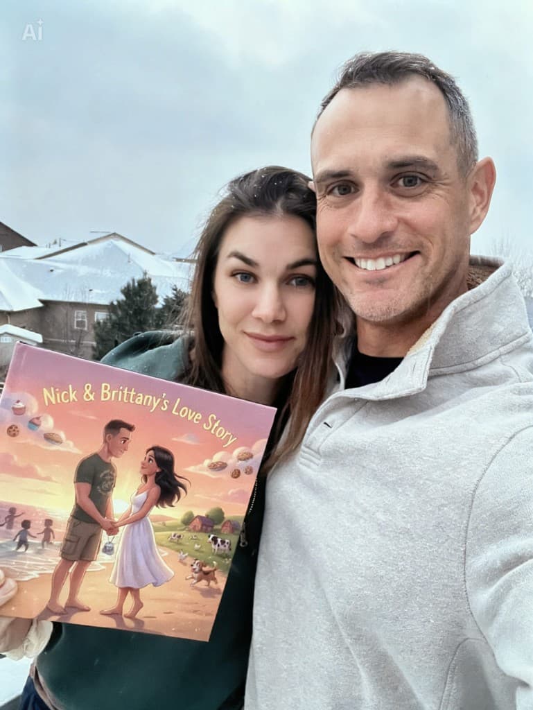 A couple holding their personalized wedding book, Our Love Story