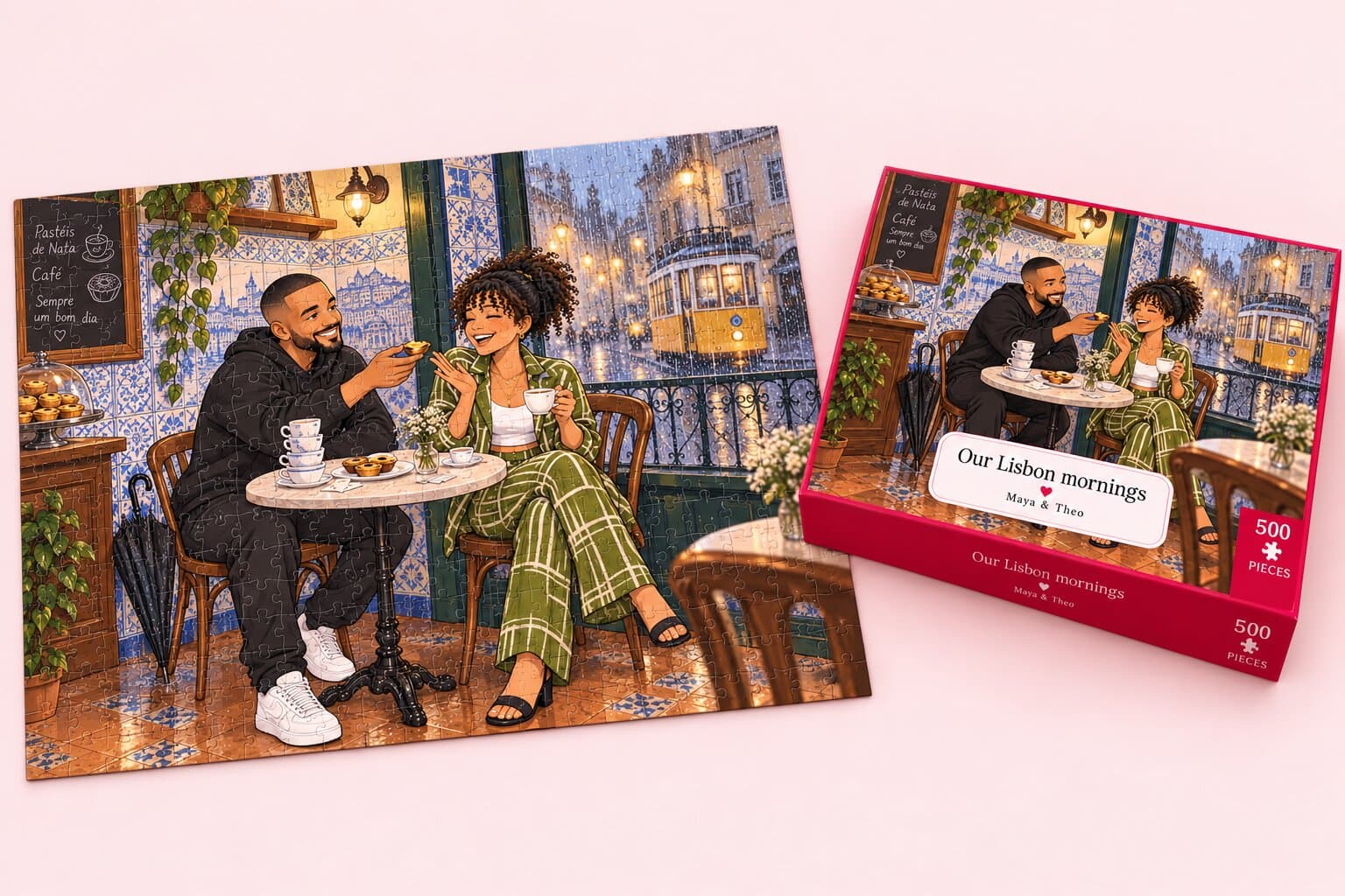 A personalized jigsaw puzzle showing a couple's illustrated story, beside its gift box