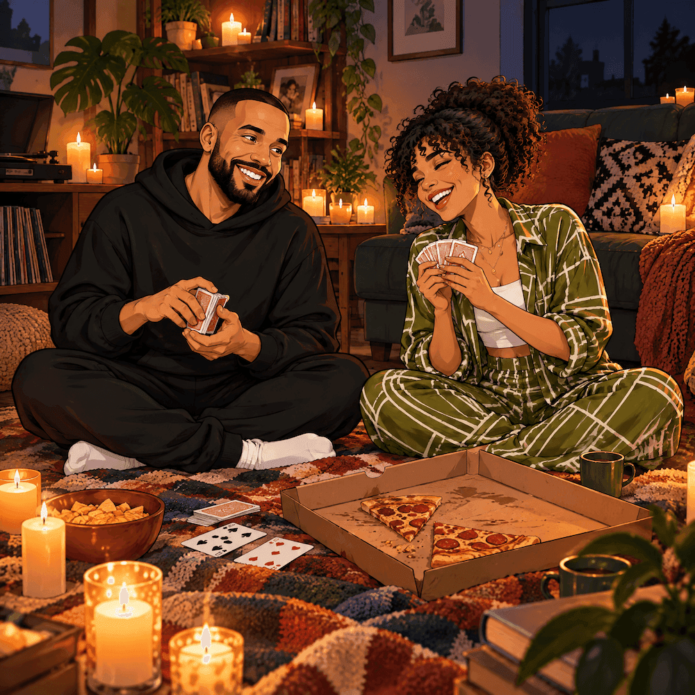 Illustrated couple playing cards by candlelight on the living room floor next to a pizza box