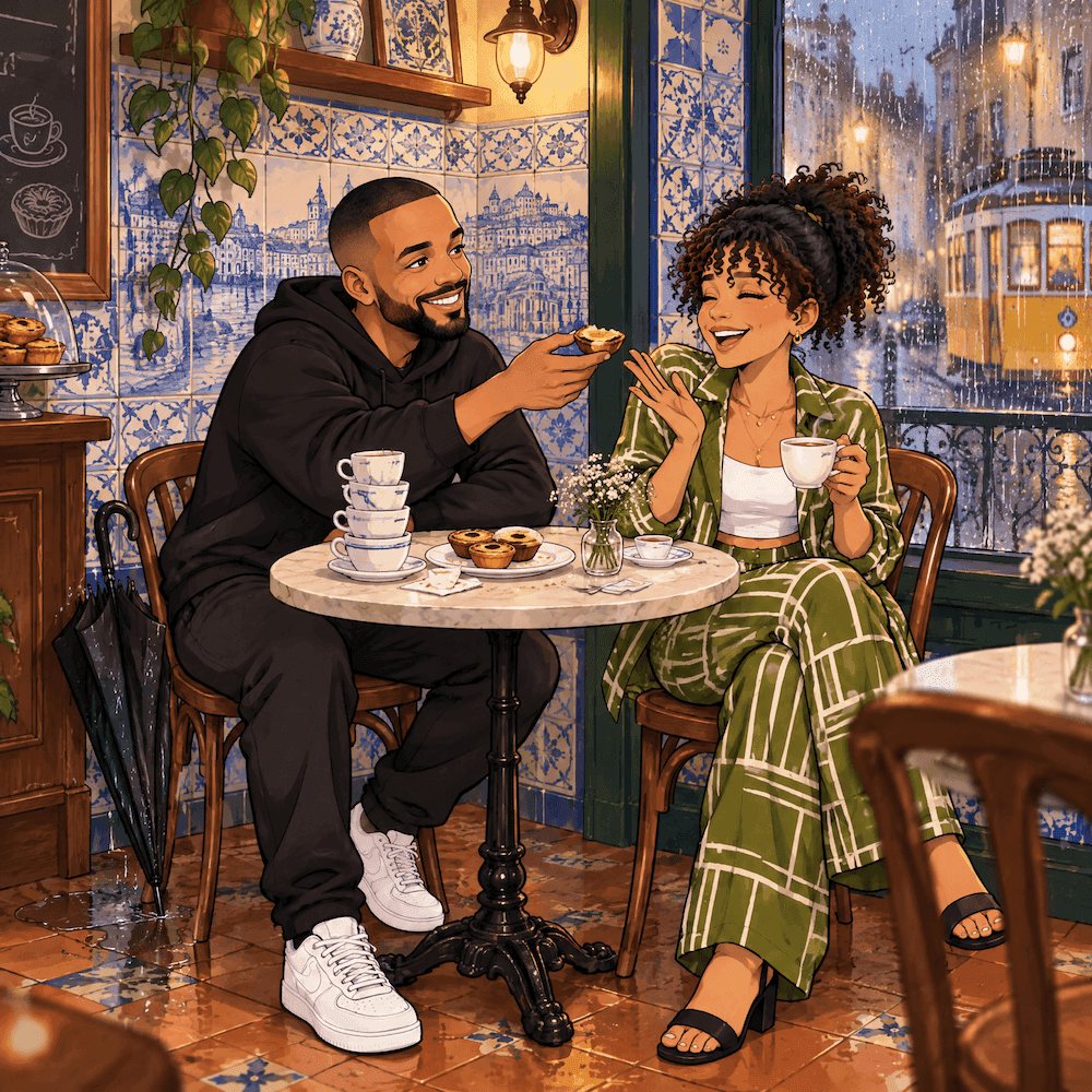 Illustrated couple sharing pastries in a blue-tiled cafe in Lisbon with a tram outside in the rain
