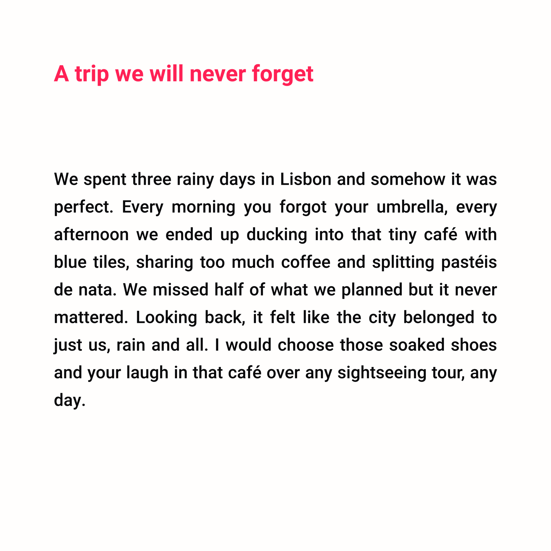 Chapter text about three rainy days in Lisbon and a tiny cafe with blue tiles