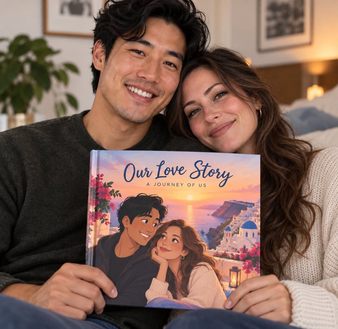 A couple holding their personalized Love Tales birthday book