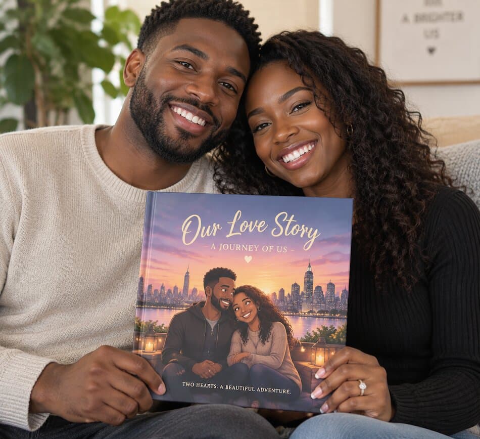 A couple holding their personalized Love Tales book for adults