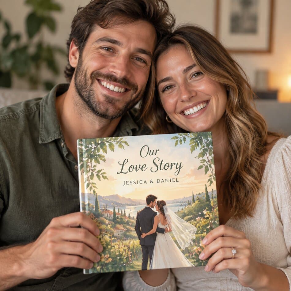 A couple holding their personalized wedding Love Tales book