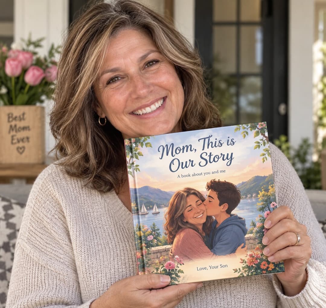 A mother holding her personalized Love Tales book
