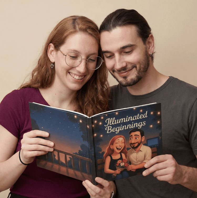 Happy couple with their personalized love storybook