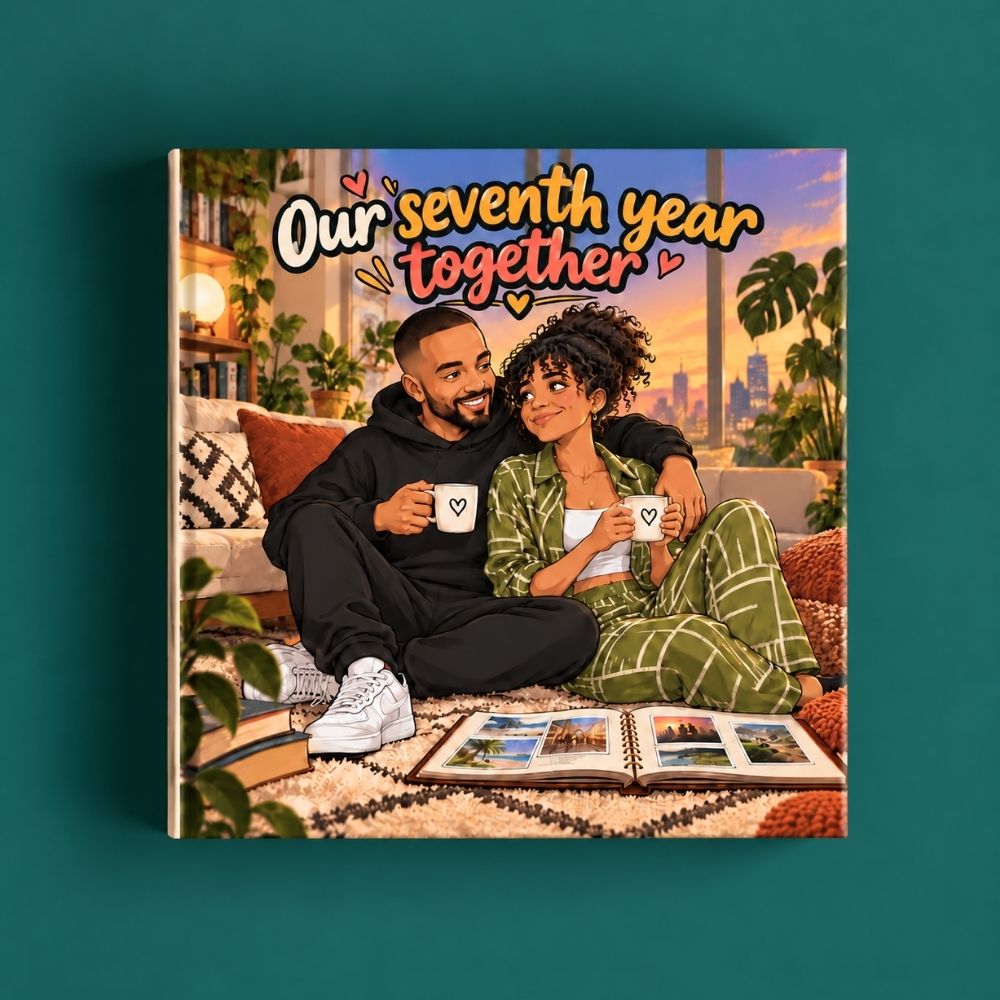 Couples memory book cover reading Our seventh year together, with the couple illustrated on their sofa